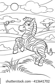 Coloring pages. Animals. Little cute zebra stands and smiles. 