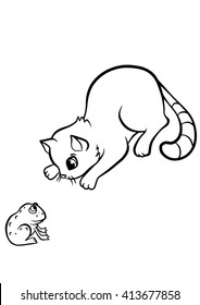 Coloring pages. Animals. Little cute cat looks at the frog.