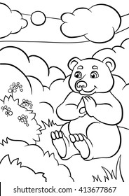 Coloring pages. Animals. Little cute bear sits and looks at the berries.
