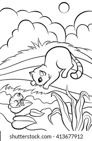 Coloring pages. Animals. Little cute cat sits on the bank and looks at the frog.