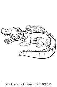 Coloring pages. Animals. Mother alligator with her little cute baby alligator sitting in her back.
