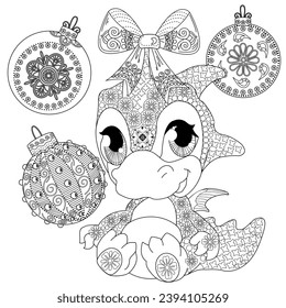 Coloring Pages with baby dragon. Happy new year 2024. Year of the dragon.  Antistress freehand sketch drawing with doodle and zentangle elements.
