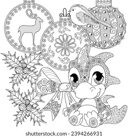 Coloring Pages with baby dragon. Happy new year 2024. Year of the dragon.  Antistress freehand sketch drawing with doodle and zentangle elements.
