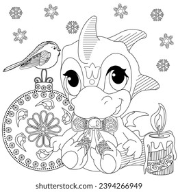 Coloring Pages with baby dragon. Happy new year 2024. Year of the dragon.  Antistress freehand sketch drawing with doodle and zentangle elements.
