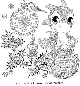 Coloring Pages with baby dragon. Happy new year 2024. Year of the dragon.  Antistress freehand sketch drawing with doodle and zentangle elements.
