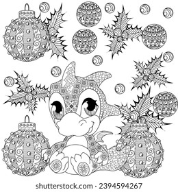 Coloring Pages with baby dragon. Happy new year 2024. Year of the dragon.  Antistress freehand sketch drawing with doodle and zentangle elements.
