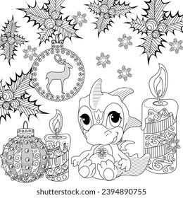 Coloring Pages with baby dragon. Happy new year 2024. Year of the dragon.  Antistress freehand sketch drawing with doodle and zentangle elements.
