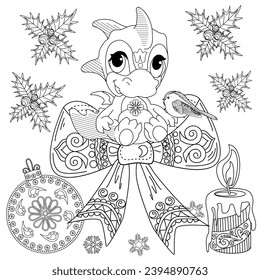 Coloring Pages with baby dragon. Happy new year 2024. Year of the dragon.  Antistress freehand sketch drawing with doodle and zentangle elements.
