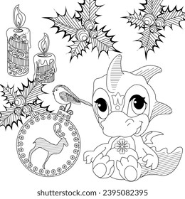 Coloring Pages with baby dragon. Happy new year 2024. Year of the dragon.  Antistress freehand sketch drawing with doodle and zentangle elements.
