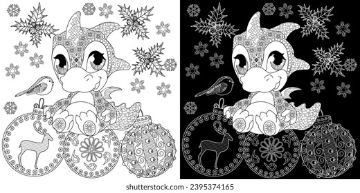 Coloring Pages with baby dragon. Happy new year 2024. Year of the dragon.  Antistress freehand sketch drawing with doodle and zentangle elements.
