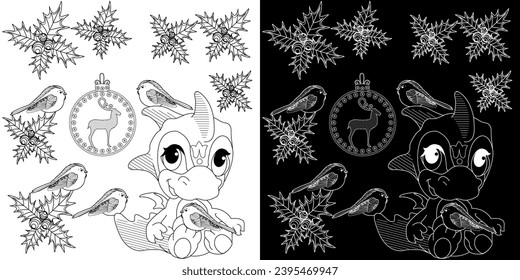 Coloring Pages with baby dragon. Happy new year 2024. Year of the dragon.  Antistress freehand sketch drawing with doodle and zentangle elements.
