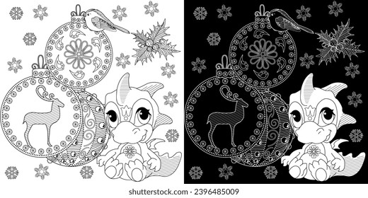 Coloring Pages with baby dragon. Happy new year 2024. Year of the dragon.  Antistress freehand sketch drawing with doodle and zentangle elements.
