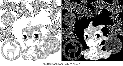 Coloring Pages with baby dragon. Happy new year 2024. Year of the dragon.  Antistress freehand sketch drawing with doodle and zentangle elements.
