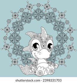 Coloring Pages with baby dragon. Happy new year 2024. Year of the dragon.  Antistress freehand sketch drawing with doodle and zentangle elements.
