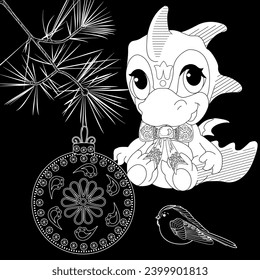 Coloring Pages with baby dragon. Happy new year 2024. Year of the dragon.  Antistress freehand sketch drawing with doodle and zentangle elements.
