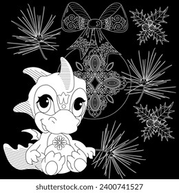 Coloring Pages with baby dragon. Happy new year 2024. Year of the dragon.  Antistress freehand sketch drawing with doodle and zentangle elements.
