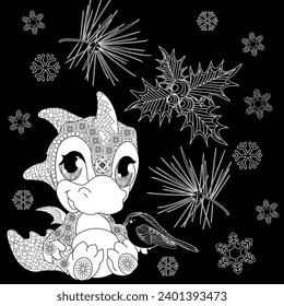 Coloring Pages with baby dragon. Happy new year 2024. Year of the dragon.  Antistress freehand sketch drawing with doodle and zentangle elements.
