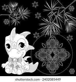 Coloring Pages with baby dragon. Happy new year 2024. Year of the dragon.  Antistress freehand sketch drawing with doodle and zentangle elements.
