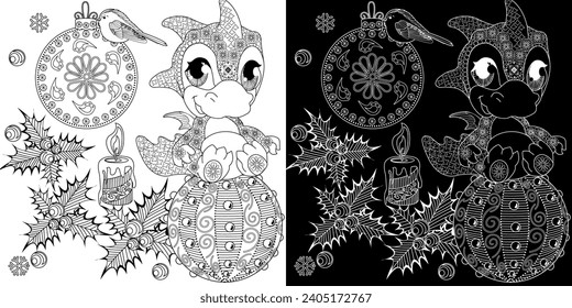 Coloring Pages with baby dragon. Happy new year 2024. Year of the dragon.  Antistress freehand sketch drawing with doodle and zentangle elements.
