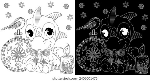 Coloring Pages with baby dragon. Happy new year 2024. Year of the dragon.  Antistress freehand sketch drawing with doodle and zentangle elements.
