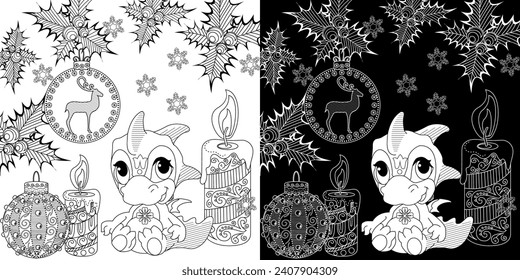 Coloring Pages with baby dragon. Happy new year 2024. Year of the dragon.  Antistress freehand sketch drawing with doodle and zentangle elements.
