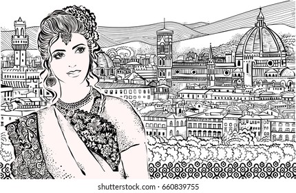 
Coloring pages. Beautiful Indian woman on a background of Indian landscape.