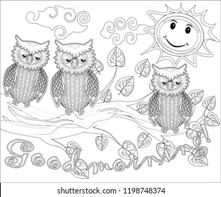 Coloring pages. Birds. Cute owl sits on the tree.