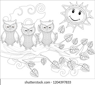 Coloring pages. Birds. Cute owl sits on the tree.