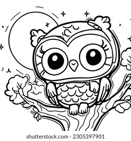 Coloring pages. Birds. Cute owl sits on the tree. Coloring book.