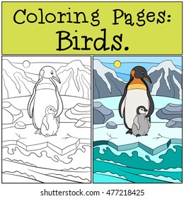 Coloring Pages: Birds. Mother penguin stands with her little cute baby on the ice and smiles.