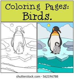 Coloring Pages: Birds. Mother penguin stands with her little cute baby on the ice and smiles.
