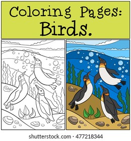 Coloring Pages: Birds. Three little cute penguins swim underwater and smile.