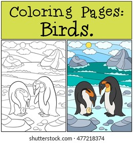 Coloring Pages: Birds. Two cute penguins look at the egg and smile.