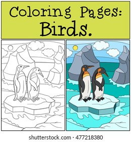 Coloring Pages: Birds. Two little cute penguins stand on the ice-floe in the ocean and smile.