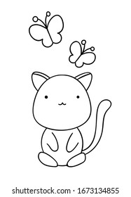 Coloring pages, black and white cute hand drawn cat with butterfly doodle, print