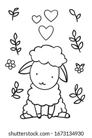 Coloring pages, black and white cute hand drawn sheep and hearts doodles, print