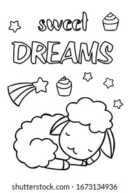 Coloring pages, black and white cute hand drawn sheep and stars doodles, lettering sweet dreams, print