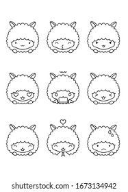 Coloring pages, black and white cute hand drawn emotion llama doodles, isolated