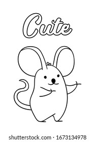 Coloring pages, black and white cute hand drawn mouse doodles, lettering cute, print