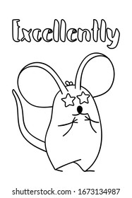 Páginas de colores, doodles de ratón dibujados a mano en blanco y negro, con letras excelentes, impresión