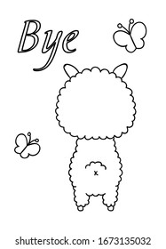 Coloring pages, black and white cute hand drawn llama and butterfly doodles, lettering bye, print