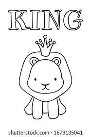 Coloring pages, black and white cute hand drawn lion doodles, lettering king, print