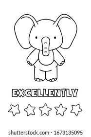 Coloring pages, black and white cute hand drawn elephant with stars doodles, lettering excellently, print