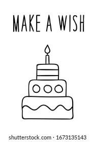 Coloring pages, black and white cute hand drawn cake doodles, lettering make a wish, print