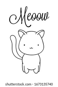 Coloring pages, black and white cute hand drawn cat doodle, lettering meoow, print