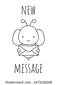 Coloring pages, black and white cute hand drawn bee doodle, lettering new message, print