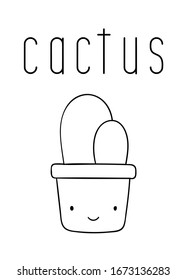 Coloring pages, black and white cute hand drawn cactus doodle, lettering cactus, print