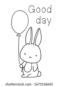 Coloring pages, black and white cute hand drawn bunny with air balloon doodle, lettering good day, print