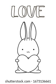 Coloring pages, black and white cute hand drawn bunny with heart doodle, lettering love, print