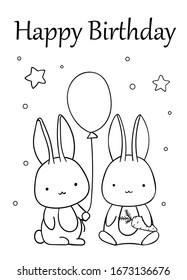 Páginas de colores, conejito dibujado a mano en blanco y negro con globo de aire y doodle de estrellas, letras feliz cumpleaños, impresión